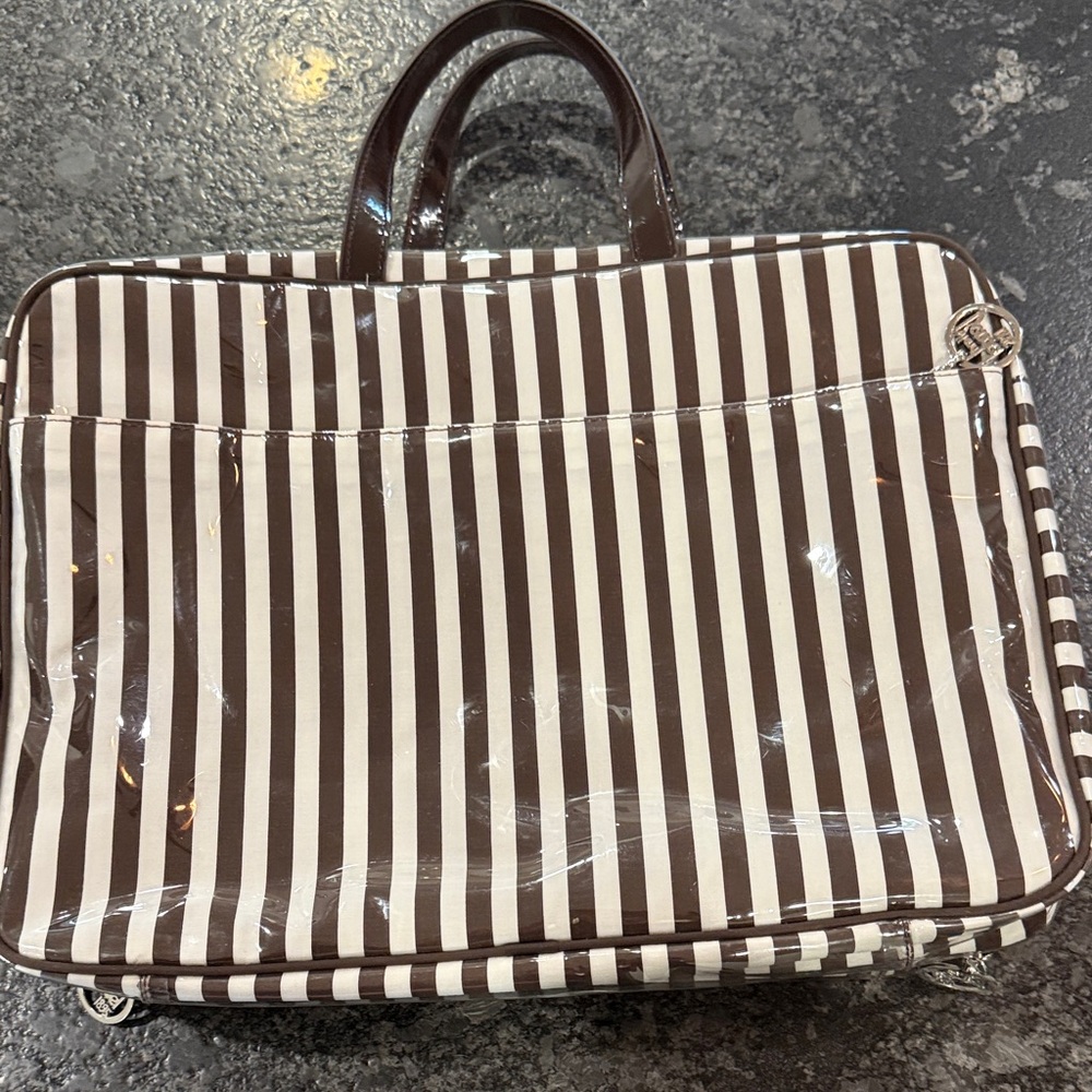 Henri Bendel Brown and White Striped Cosmetic Bag